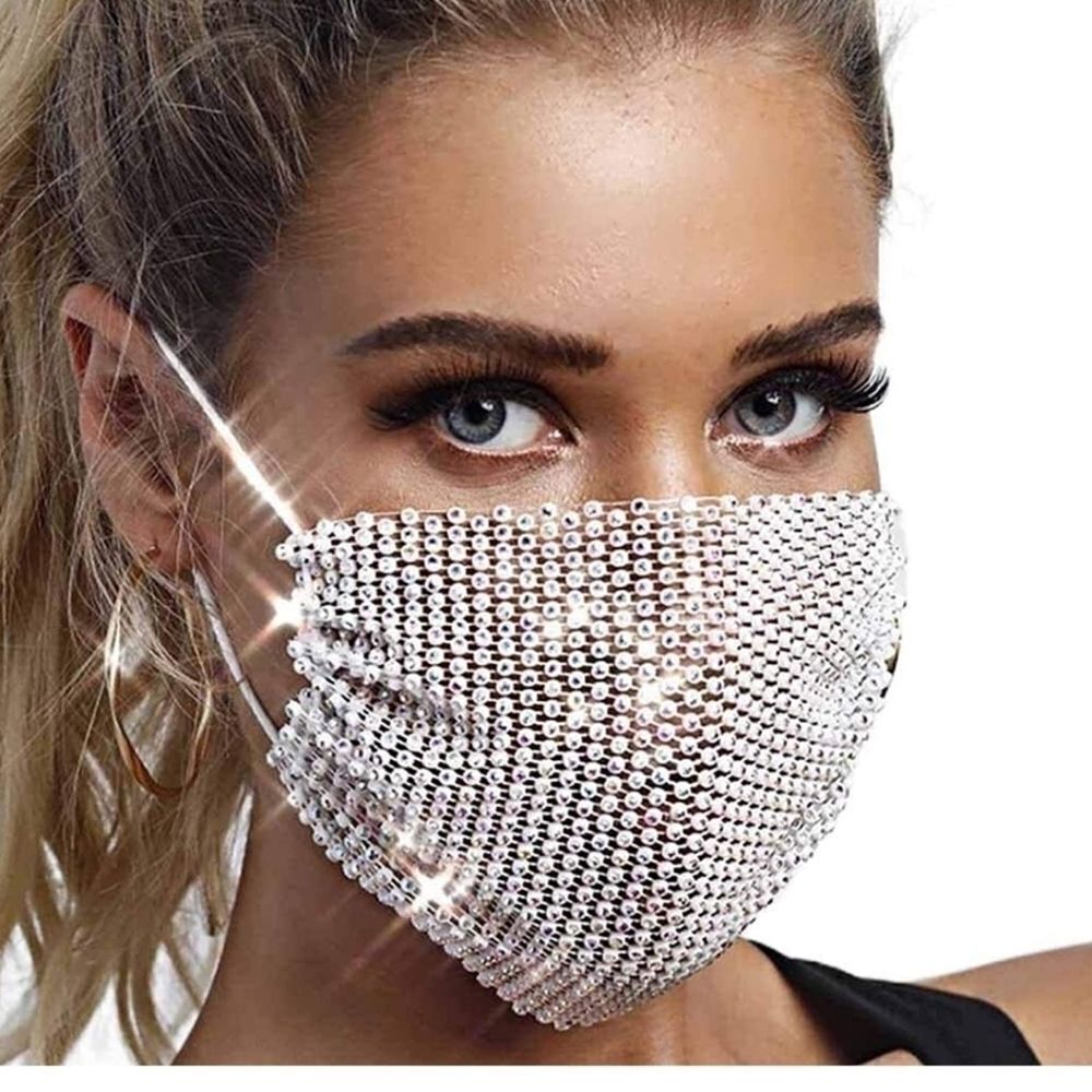 White Rhinestone Mesh Face Mask